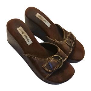 Steve Madden Drill Wood Wedge Leather Open Slip-On Sandals Platform Buckle 7B